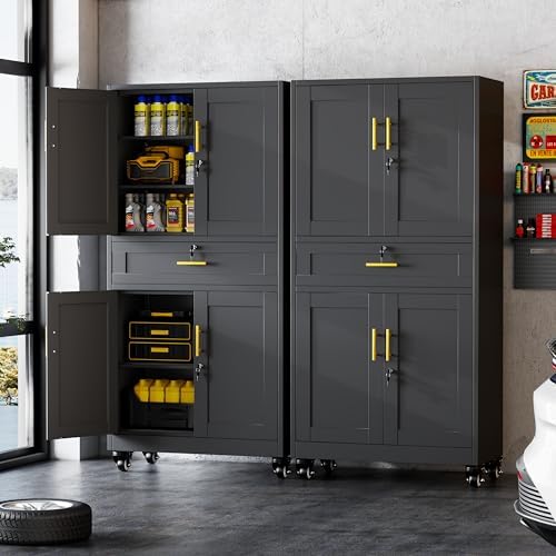 GAIOUS 74” Tall Metal Garage Storage Cabinet with Wheels and Drawer, Steel File Cabinet for Home Office, Tool Cabinet with 4 Locking Doors and 3 Adjustable Shelves, Rolling Cabinet for Garage-Black - Image 2