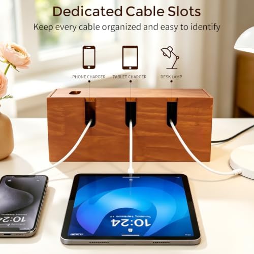 Wooden Cable Management Box, Power Strip Cord Hider with 5 Cable Slots - Image 3