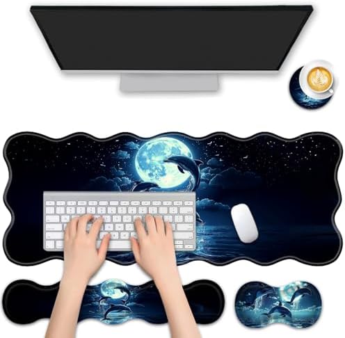 4 in 1 Desk Mat Set,Mouse Pad with Keyboard Wrist Rest,Wave-Shaped Design,Non-Slip Rubber Base,Waterproof,for Home,Office,Gaming,Cute Dolphin by FGDRFGRW
