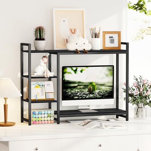 Snughome Adjustable Desk Shelf with Monitor Stand, 38.6" Desktop Organizer Hutch, Height Adjustable Computer Monitor Riser & 4 Tier Storage Bookshelf for Home Office Dorm, Black - Image 2