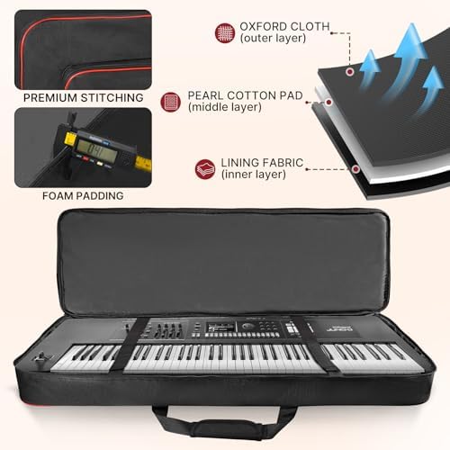 ORKELS 61-Key Keyboard Case, 10mm Padded Electric Piano Gig Bag with Shoulder Straps, Handles & 2 Accessories Pocket - Image 4