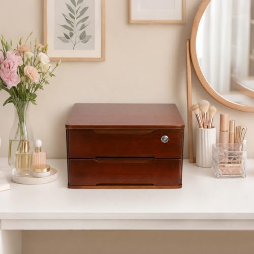 Wooden Desk Organizer with Drawers and Lock, Desktop Storage Cabinet,Drawer Organizer Desktop Drawer Wooden Storage Box for Home office Supplies (Walnut, 2Tier) - Image 6