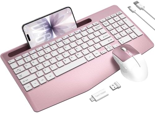 Rechargeable Silent Wireless Keyboard and Mouse Combo, Ergonomic Wrist Rest & Phone Tablet Holder, USB-C Adapter Included, 2.4G Lag-Free Cordless Set for Windows Mac Laptop PC Home Office (Rose Gold) by Unknown