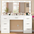 FIONESO Vanity with Large Mirror and 12 LED Lights, Vanity Desk with 7 Drawers & Hairdryer Holder, Makeup Vanity Desk with Charging Station for Women, Girls, 3 Lighting Color Adjustable, White by FIONESO
