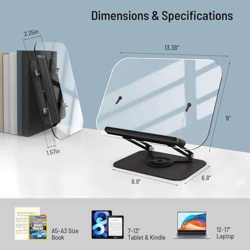 Acrylic Book Stand for Reading Hands Free - Adjustable 360° Rotating Cookbook Holder with Elastic Page Clips & Foldable Base, Multi-Angle Desktop Display Stand for Recipes, Laptops, Tablets, Bibles - Image 4