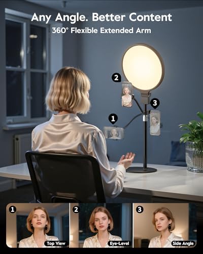 1300 Lumens Ring Light with Stand for Desk, Computer & Laptop – Podcast & Streaming Light with Flexible Phone Holder, CRI 98+ Bright Yet Soft Influencer Light for Video Recording, Conference & Calls - Image 5