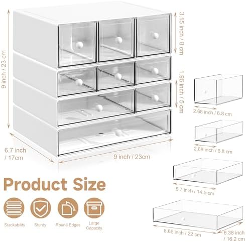 Desk Organizer with 9 Drawers, 4 Tiers Stackable Storage Drawers, Desktop Storage Box with Clear Drawers for Stationery, Makeup, Jewelry, Office and Craft Supplies (White) - Image 3