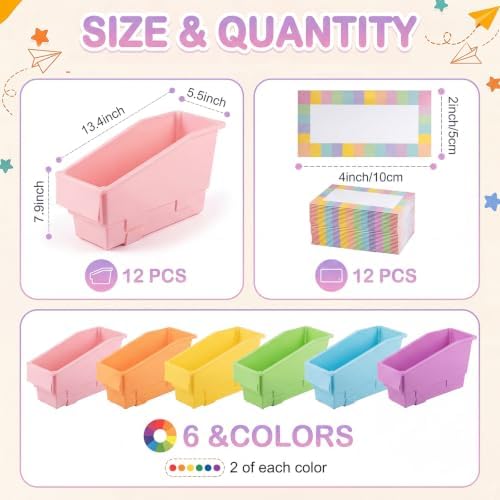 Geetery 12 Pack Non-Tip Book Bins with Stabilizer Wings,lables, Pastel - Image 2