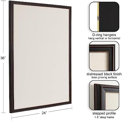 Kate and Laurel Oakhurst Rectangle Framed Linen Fabric Pinboard; 24 x 36; Distressed Black; Traditional Decorative Bulletin Board with Stepped Profile and Lightly Distressed Finish - Image 2