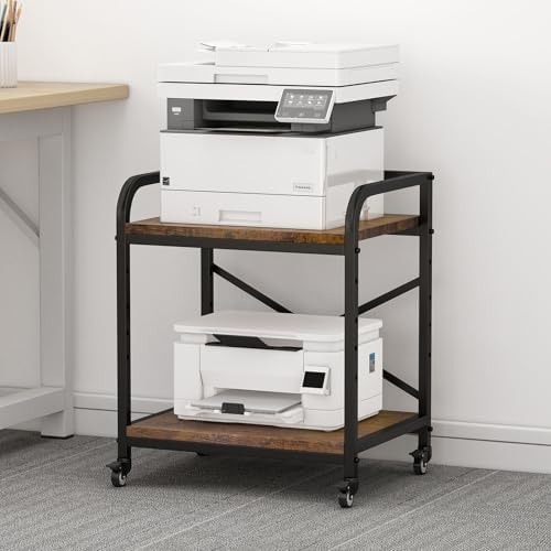 2 Tier Under Desk Printer Stand, Large Printer Table with Height Adjustable Shelf, Rolling Printer Cart with Industrial Wheels for Home Office, Scanner Fax (Rustic Brown) by Vokumba