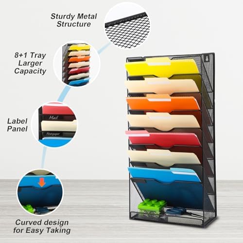EASEPRES Desk File Organizer Mesh 9-Tier, Hanging Wall Mount Document Organization Stand, Desktop Vertical Mail Paper Folder Holder Rack with Bottom Tray for Office Home Cubicle Countertop, Black - Image 4