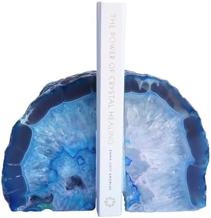 Natural Teal Dyed Agate Geode Bookends - 2 to 3 lb Heavy Duty Rock Crystal Stone Book Ends for Shelves, with Rubber Bumpers, Decorative Book Holders for Home Office by Sisamn