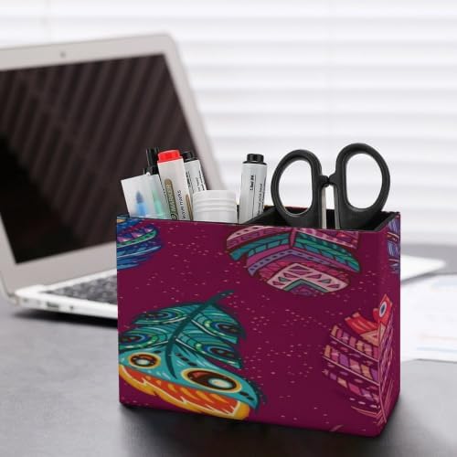 PU Leather Multi-Compartment Pen Holder Desktop Organizer Pencil Cup Storage Caddy for Office Home Supplies Bohemian Style Ethnic Feathers Background - Image 5