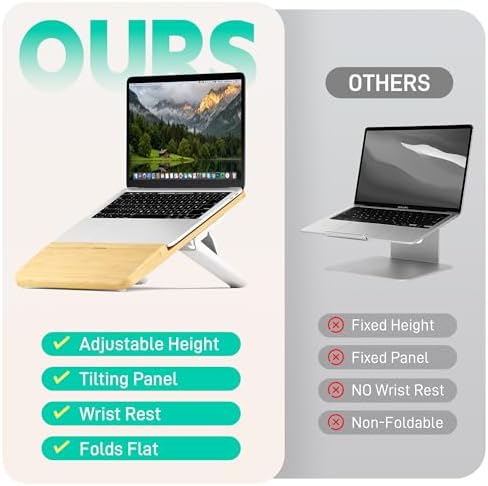 AFOOYO Adjustable Bamboo Laptop Stand,Portable Computer Riser,Ergonomic Notebook Mount with Wrist Rest,Compatible with 9.8-15'' All Laptops,MacBook Air Pro/HP/Dell/Lenovo,Bamboo - Image 4