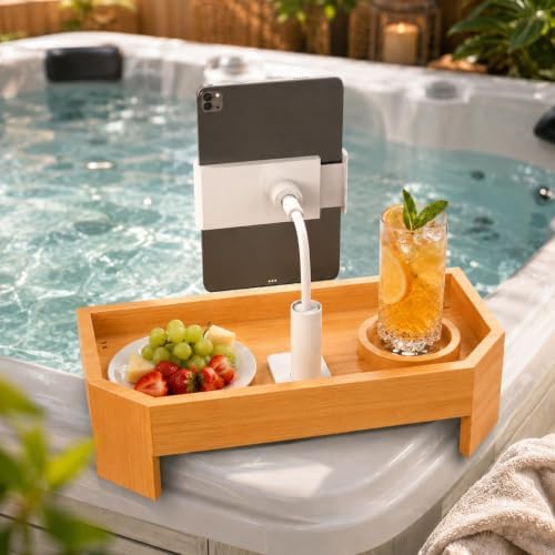 Bamboo Hot Tub Tray with 360°Adjustable Phone Holder, Hot Tub Drink Holder - Image 6