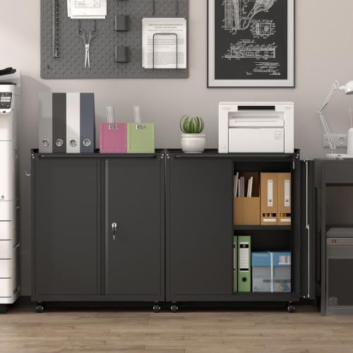 32''H Metal Storage Cabinets with Lock, Metal Garage Storage Cabinet on Wheels, Lockable Rolling Tool Chest Cabinet with Doors & Adjustable Shelves for Garage, Home, Office, Assembly Required - Image 2