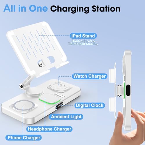 6 in 1 Wireless Charger for Apple Multiple Devices, Charging Station with Clock &7 Color Ambient Light, Foldable Rotate Stand for iPad, for iPhone17/16/15, Support for Apple Watch11/10 for AirPods4 - Image 3