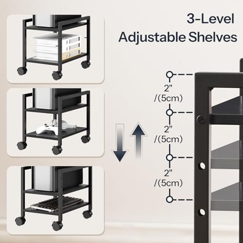 HOOBRO PC Stand, 2-Tier PC Tower Stand Fits Most Computer Towers, CPU Holder for Floor, Height Adjustable, CPU Stand with Wheels Under Desk, for Home Office, Black BB11CJ01 - Image 5