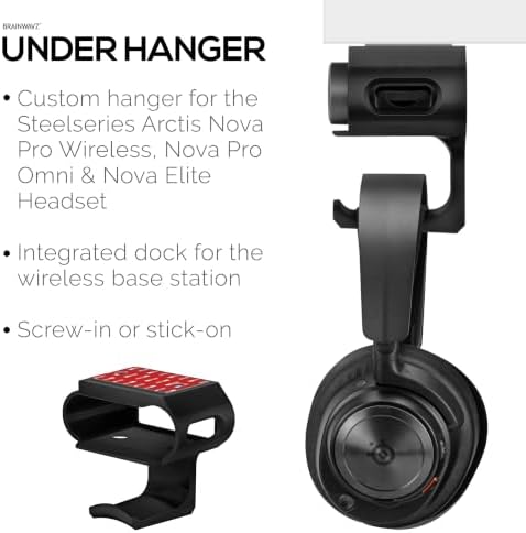 Under Desk Headphone Hanger Stand for Steelseries Arctis Nova Pro, Elite and Pro Omni Wireless Headsets with Dock for the Wireless Base Station by Brainwavz (HPS02) - Image 3