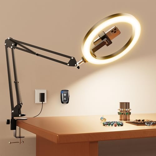 Pro Bright Overhead Ring Light with Clamp for Desk, Plug-in Powered for Stronger Lighting, Flexible Arm Phone Mount for Video, Cooking, Crafts & Livestream (18W) by Evershop