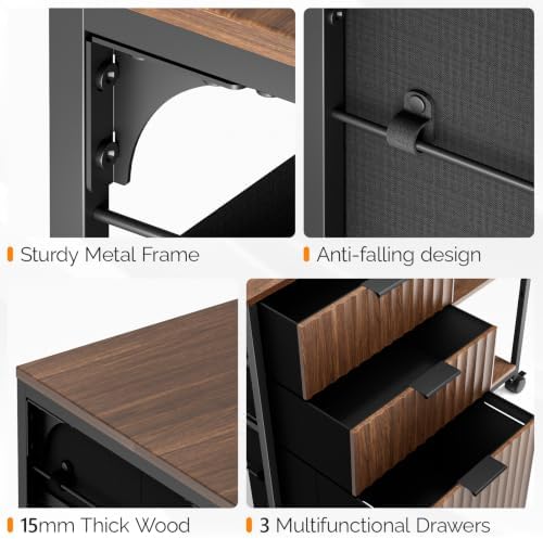 VINGLI 3 Drawer Mobile File Cabinet Printer Stand, Fluted Filing Cabinet with Open Storage Shelves Adjustable, Rolling Lateral Fabric Filing Cabinet for Home Office, Fits Letter Size, Walnut - Image 7