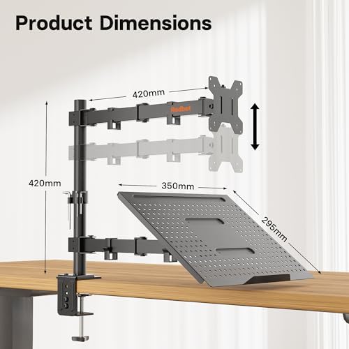 Redbat Monitor and Laptop Mount Stand, Fully Adjustable Monitor Arm with Vented Tray for 13" to 32" LCD Screens and Notebook up to 16", Holds up to 22lbs, VESA Compatible, Dual Mounting Options - Image 5