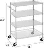 Finnhomy 4 Tier Heavy Duty Commercial Grade Rolling Cart with Handle Bar, Metal Wire Utility Cart with Wheels, Service Trolley on Wheels, Shelf Size 24" D x 36" W, NSF, Chrome - Image 3