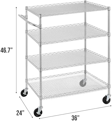 Finnhomy 4 Tier Heavy Duty Commercial Grade Rolling Cart with Handle Bar, Metal Wire Utility Cart with Wheels, Service Trolley on Wheels, Shelf Size 24" D x 36" W, NSF, Chrome - Image 3