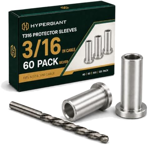 HYPERGIANT 60 Pack Cable Rail Protective Sleeves for 5/32 or 3/16 Inch Wire Rope, T316 Stainless Steel Wood/Composite Post Hole Sleeves, Deck Railing Hardware with 1 Drill Bit, Silver by Hypergiant-acolorfulstory
