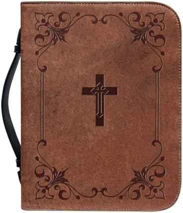 Vintage Brown Cross Bible Cover for Women Soft PU Leather Verse Print Bible Carrying Case Large Capacity Book Organizer with Top Handle Gifts for Christians by Glomenade