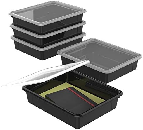 Storex Letter Size Flat Storage Tray – Organizer Bin with Non-Snap Lid for Classroom, Office and Home, Black, 5-Pack (62535U05C) by Storex