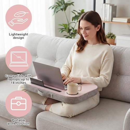 Lewtemi Pink Laptop Lap Desk with Cushion Cup Holder and Stopper Padded and Phone Holder Couch Bed Sofa Fits up to 15.6 Inch Portable Lap Desk for Home Office Study Writing - Image 4