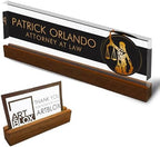 Artblox Personalized Office Desk Name Plate and Business Card Holder | Clear Acrylic Glass with Teak Wood Stand | Lawyer Design Customized with Your Name and Credentials Office Desk Decor by Artblox