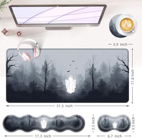 Large Keyboard Mouse Pad Set, Extended Mouse Pad+Keyboard Wrist Rest Support, Memory Foam Ergonomic Easy Typing, 4Pcs (31.5×11.8 in) Desk Pad Set for Office Home,Ghost in Misty Forest - Image 6