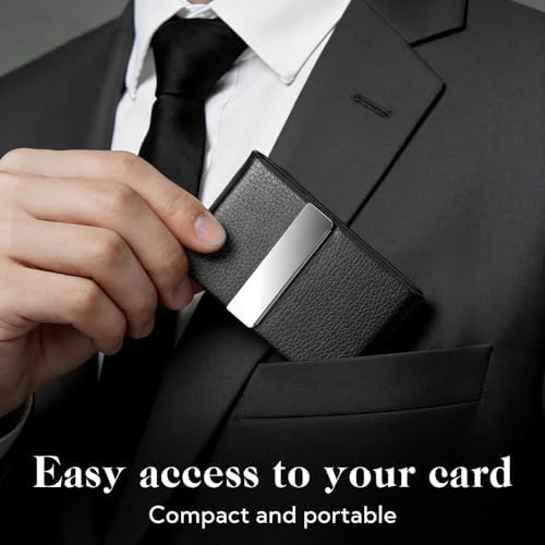24 Pack Business Card Holder Case PU Leather Name Cards Holder RFID Blocking Credit Cards Carrier Metal Business Card Case with Magnetic Closure Business Card Wallet for Women or Men,Lychee Pattern - Image 5