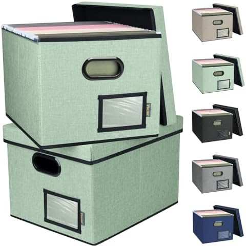 BALEINE File Organizer Box with Lid, Collapsible File Folder Organizer with Plastic Slide, Filing Box for Office Home Document Organizer Storage (Green, 2PK) by BALEINE