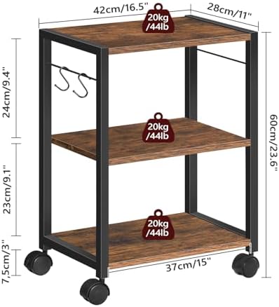 MAHANCRIS Printer Stand, 3-Tier Under Desk Rolling Cart with Storage Shelf, Heavy Duty Printer Table with Wheels for Home and Office, Printer Shelf with 2 Hooks, Small Spaces, Rustic Brown PTHR4001Z - Image 4