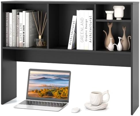 Tangkula Desktop Bookshelf, Countertop Storage Hutch with 4 Shelves for Computer Desk, Desktop 2-Tier Display Rack, Multipurpose Wood Desk Hutch Storage Organizer for Dorm Office Home (Black) by TANGKULA
