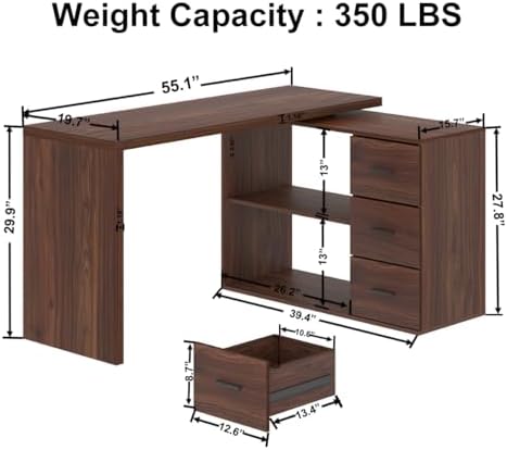 HSH Walnut L Shaped Desk Corner Desk with 3 Storage Drawers 55 inch - Image 2