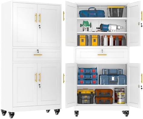 GAIOUS Metal Garage Storage Cabinet with Wheels and Drawer, Steel File Cabinet for Home Office, 74'' Tall Tool Cabinet with 4 Locking Doors and 3 Adjustable Shelves, Rolling Cabinet for Garage - White by GAIOUS