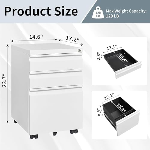 Guizeeopo 3 Drawer File Cabinet with Lock, File Cabinets for Home Office,Under Desk Cabinet, Locking File Cabinet for A4/Letter/Legal, Fully Assembled Expect Casters, Matte White - Image 3