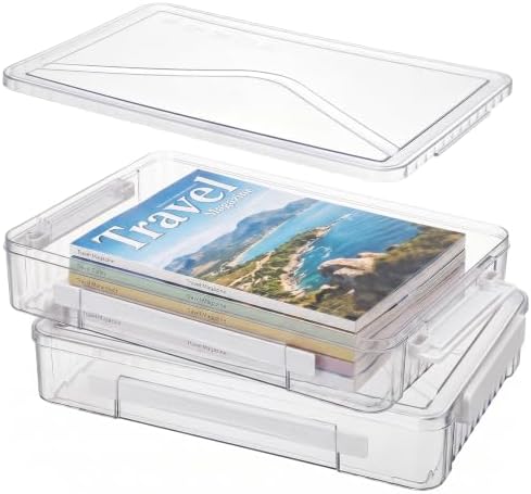 Clear Document Box, Deep A4 Paper Storage Organizer with Snap Latches, Stackable File Case for Certificates Photos Letter Size, Magazine Protector, 14.37" x 9.44" x 2.75" (2 Pack), White by Cosics