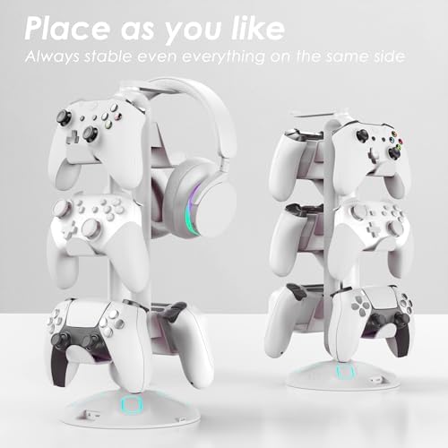 RGB Headphone Stand and Controller Holder With 9 Light Modes - 2 USB Charging Ports, 3.5mm & Type-C - Hanger Accessories for Desk and Gamer (White) - Image 5