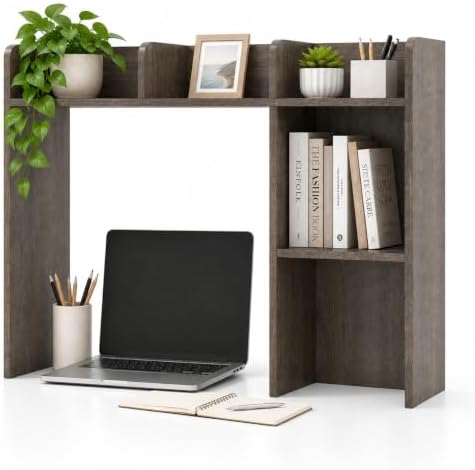 BECOMFORT Desk Hutch, Desk Organizer Shelf w/ 5 Storage Compartments, up to 27” Monitor, Wooden Display Rack, Desktop Bookshelf for Vanity Dressing Tabletop College Dorm Home & Office by BECOMFORT