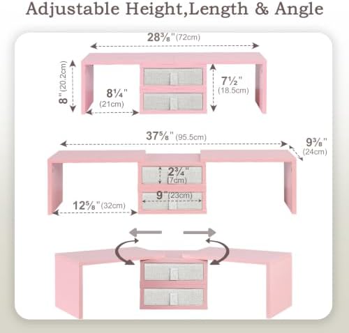 TEAMIX Pink Dual Monitor Stand Riser with 2 Drawers - Length and Angle Adjustable Double Corner Desk Shelf Organizer 37 inch for 2 Laptop/PC/Screen/TV (2 Drawers - 8''H) - Image 5
