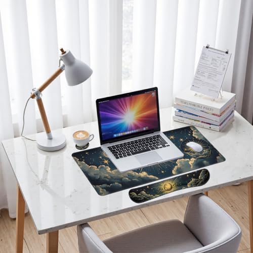Celestial Moon Desk Mat Set Sun Star Vintage Sky Large Mouse Pad with Wrist Rest 4in1 Desk Mat for Desktop Ergonomic Computer Desk Arm Wrist Anti-Slip Computer Mouse Pad Home Office Gaming - Image 7