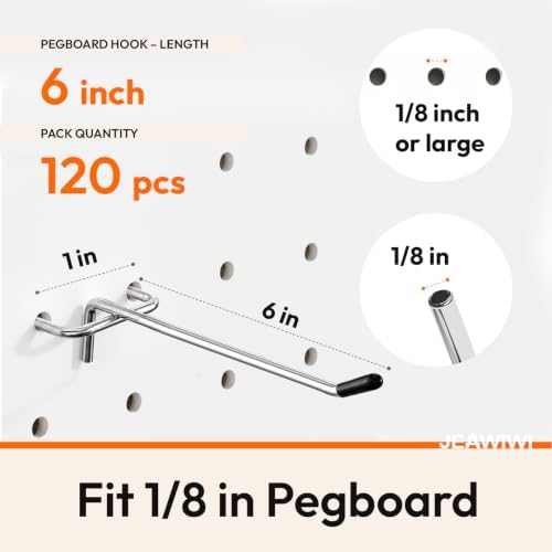 JEAWIWI 120 Pcs Metal Pegboard Hooks, 6 Inch, Fit 1/8 in Peg Board - Image 2