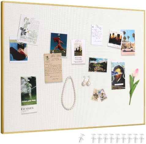 SELEAD Linen Bulletin Board 24” x 18” - Golden Aluminum Frame, Beige Fabric by SELEAD