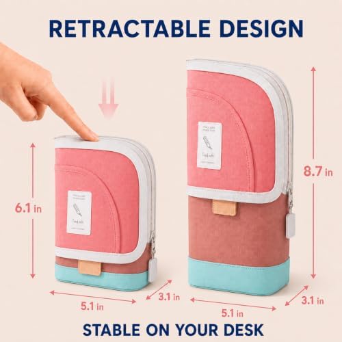 Retractable Pencil Case, Large Standing Pen Pouch, 3 Compartments (Flamingo Pink) - Image 6