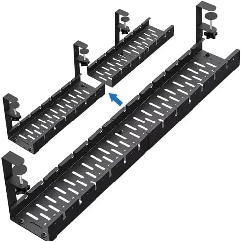 Under Desk Cable Management Tray – No Drill, Retractable Metal Cord Organizer with Clamp Mount, Adjustable Length (11.4" to 21.6"), Desk Wire Organizer for Home Office & Standing Desks, Black by cordsunder